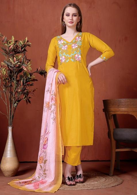 Yellow Embroidered Rayon Kurta Set