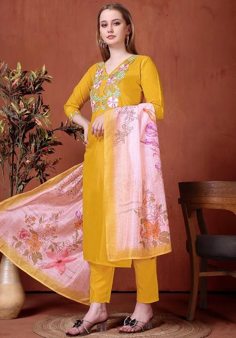 Yellow Embroidered Rayon Kurta Set