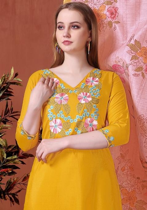 Yellow Embroidered Rayon Kurta Set