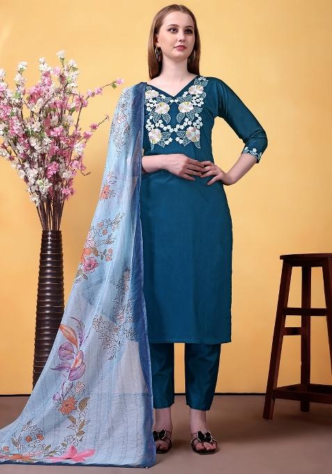 Blue Embroidered Rayon Kurta Set