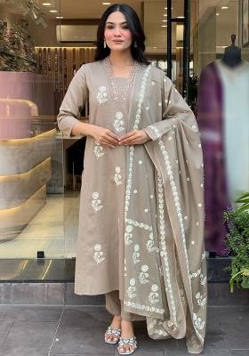 Beige Embroidered Cotton Kurta Set