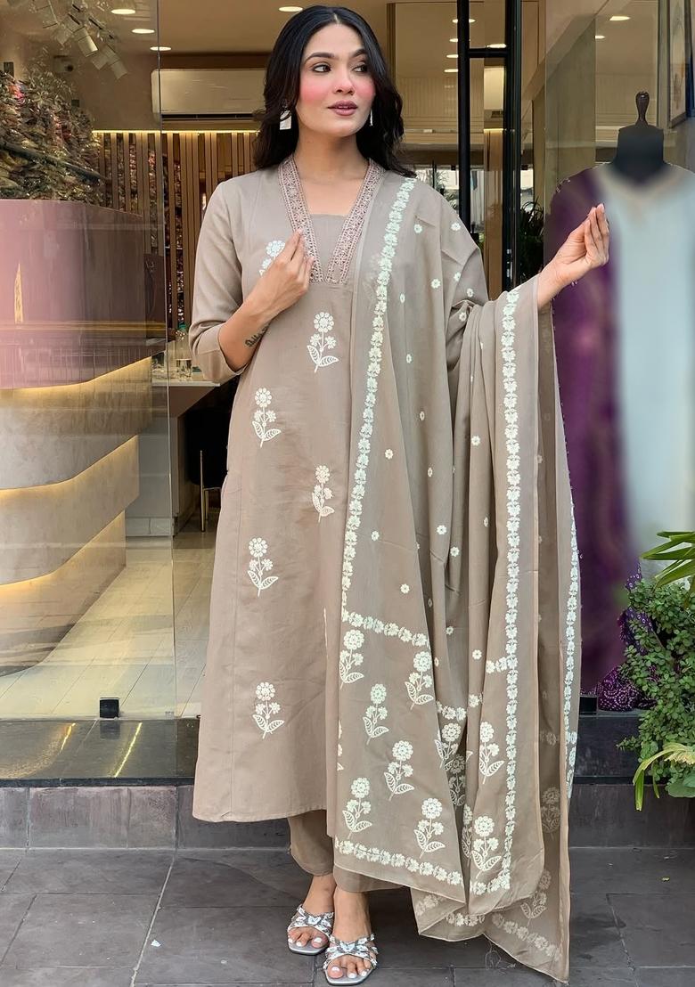 Beige Embroidered Cotton Kurta Set - Indya