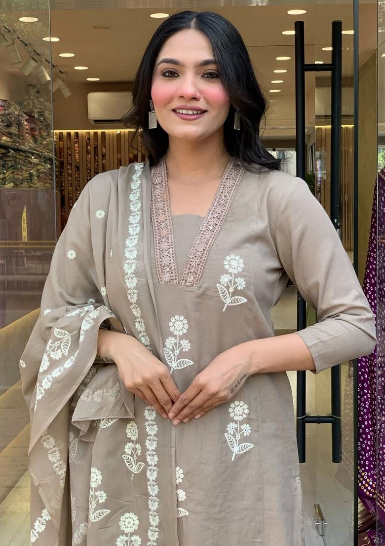 Beige Embroidered Cotton Kurta Set - Indya