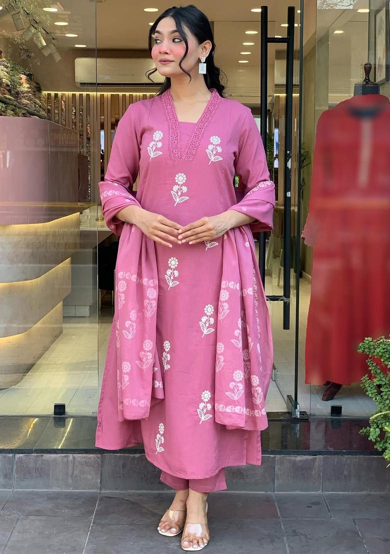 Pink Embroidered Cotton Kurta Set