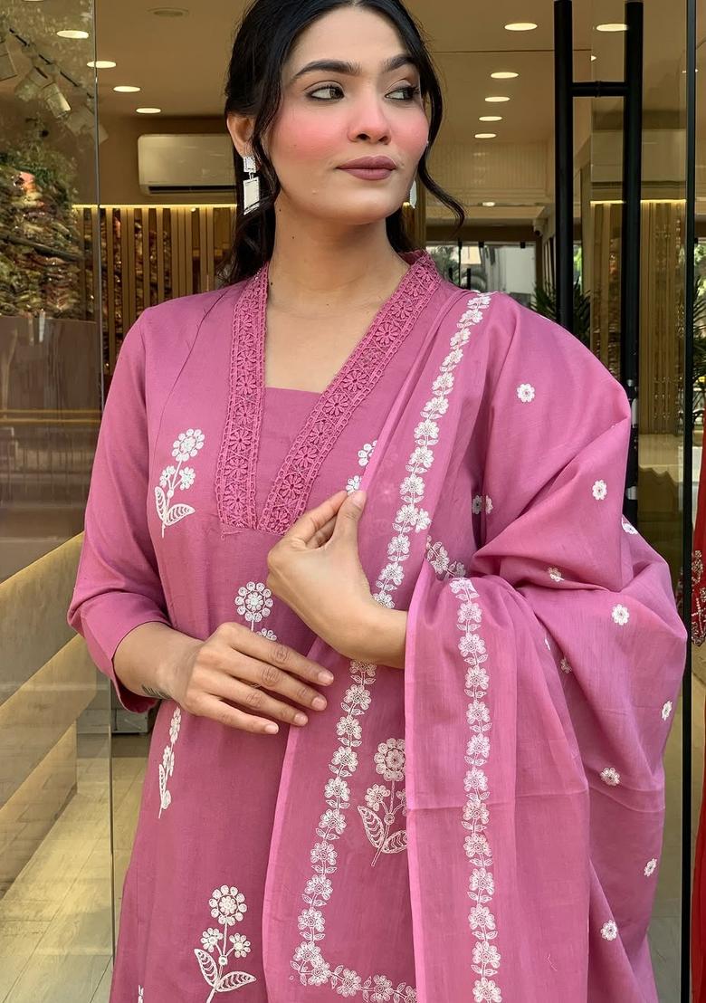 Pink Embroidered Cotton Kurta Set