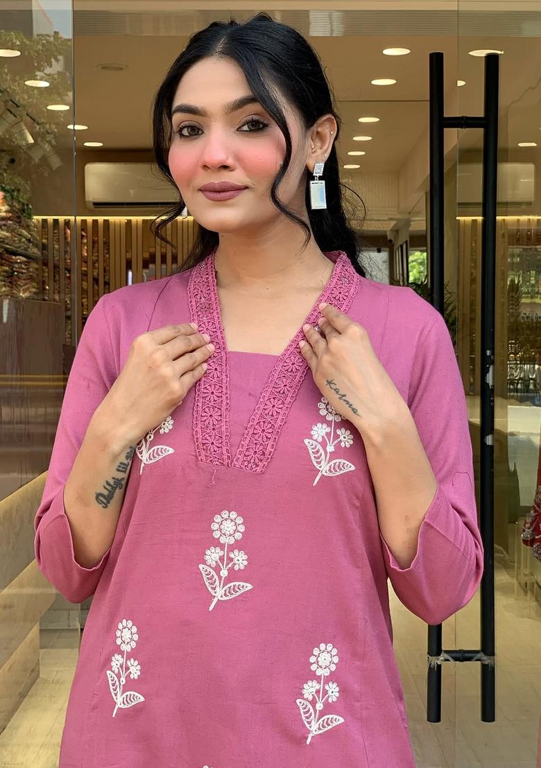 Pink Embroidered Cotton Kurta Set
