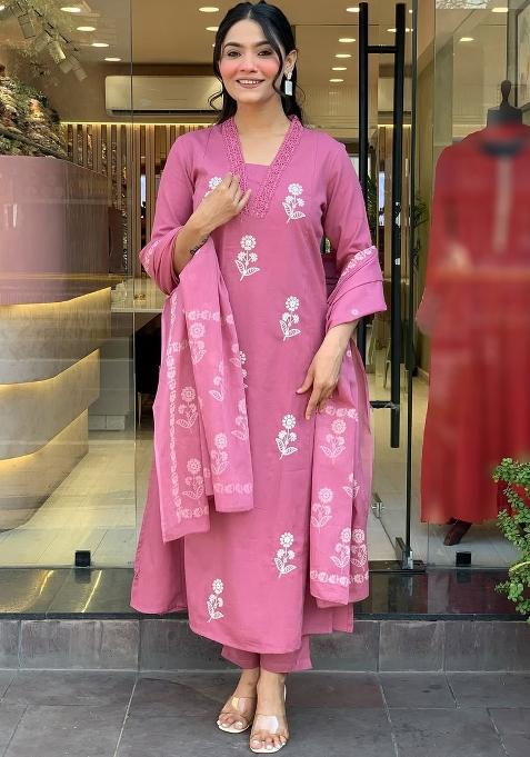 Pink Embroidered Cotton Kurta Set