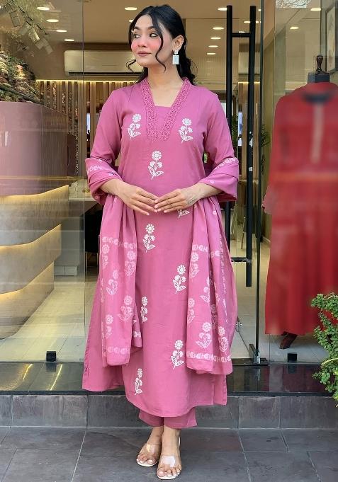 Pink Embroidered Cotton Kurta Set