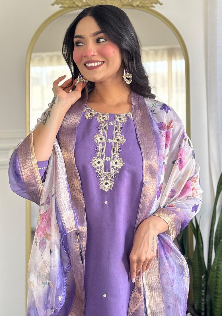 Lavendar Embroidered Rayon Kurta Set - Indya