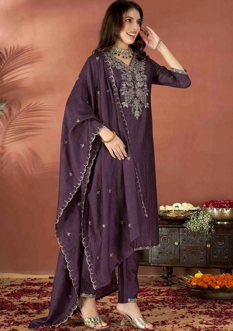 Wine Embroidered Silk Kurta Set