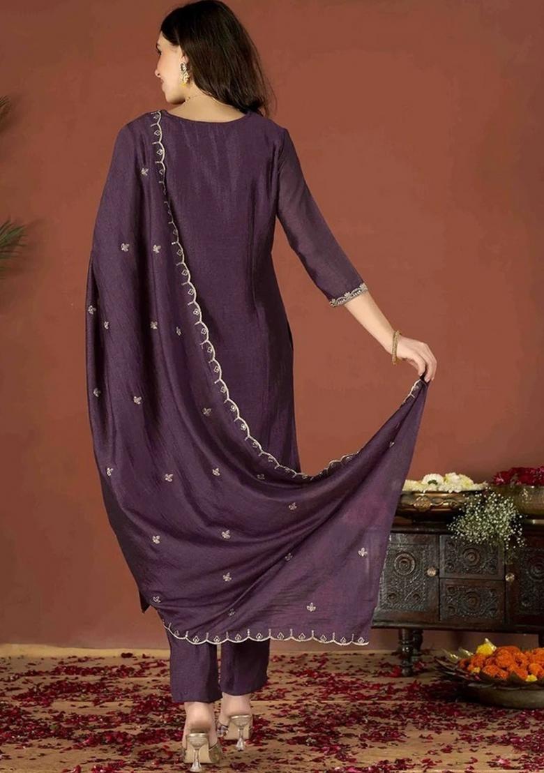 Wine Embroidered Silk Kurta Set