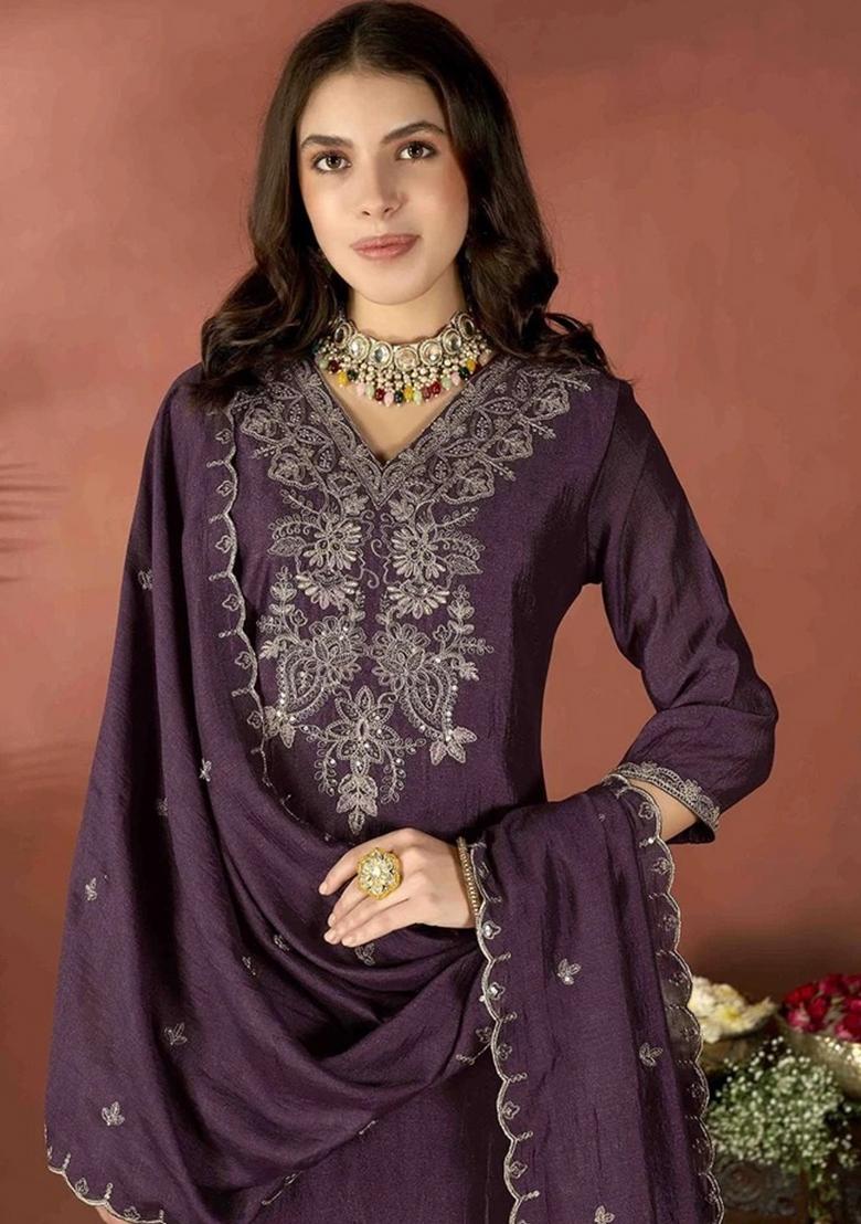 Wine Embroidered Silk Kurta Set