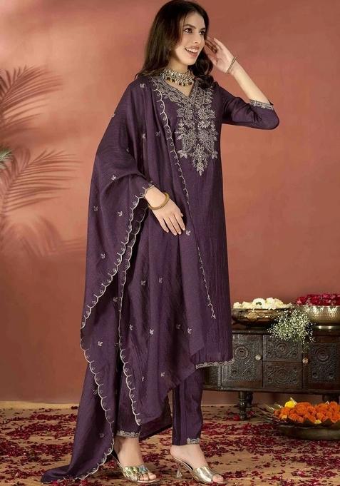 Wine Embroidered Silk Kurta Set