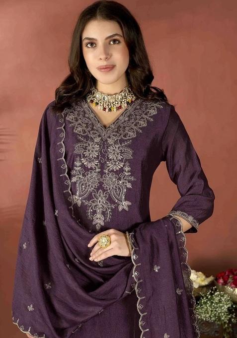 Wine Embroidered Silk Kurta Set
