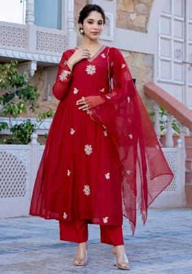 Red Embroidered Brocade Silk Kurta Set