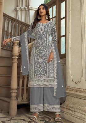 Grey Embroidered Net Salwar Kameez With Dupatta