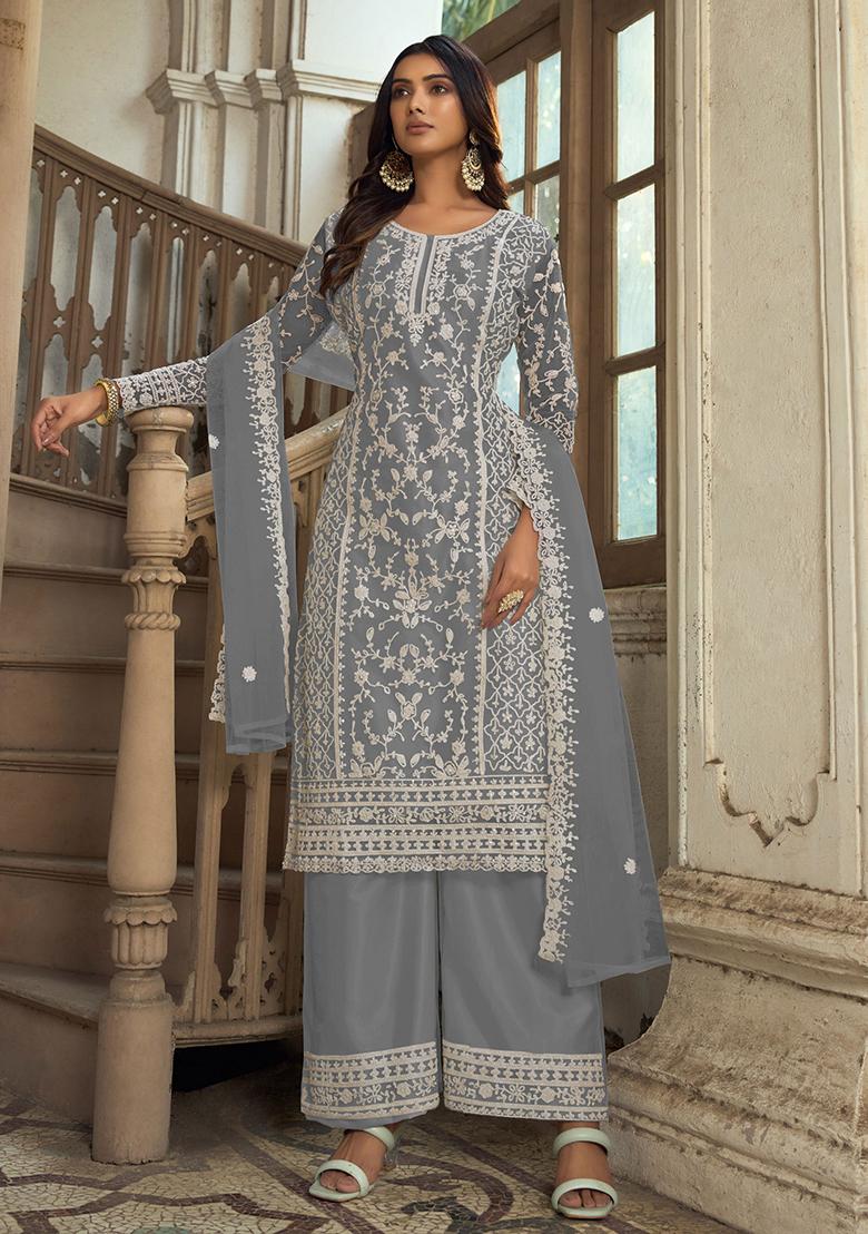 Grey Embroidered Net Salwar Kameez With Dupatta - Indya