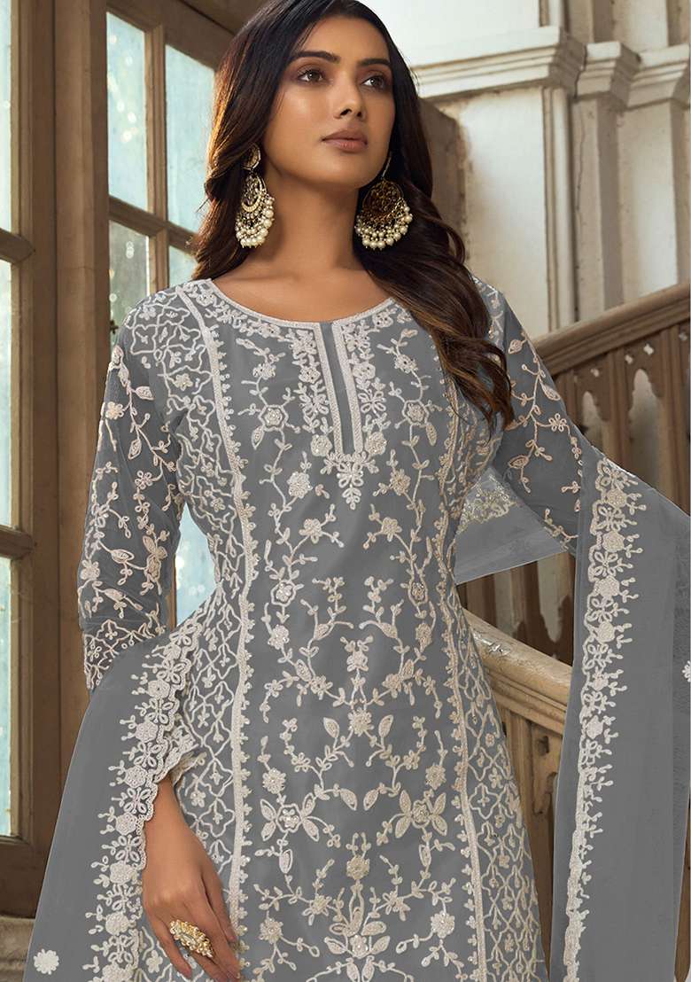 Grey Embroidered Net Pakistani Suit Set - Indya