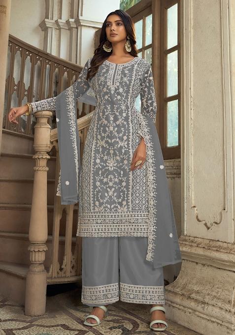 Grey Embroidered Net Salwar Kameez With Dupatta