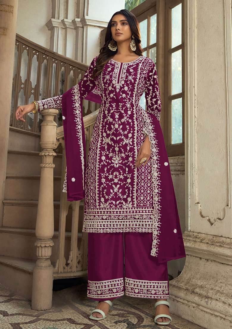 Purple Embroidered Net Pakistani Suit Set - Indya