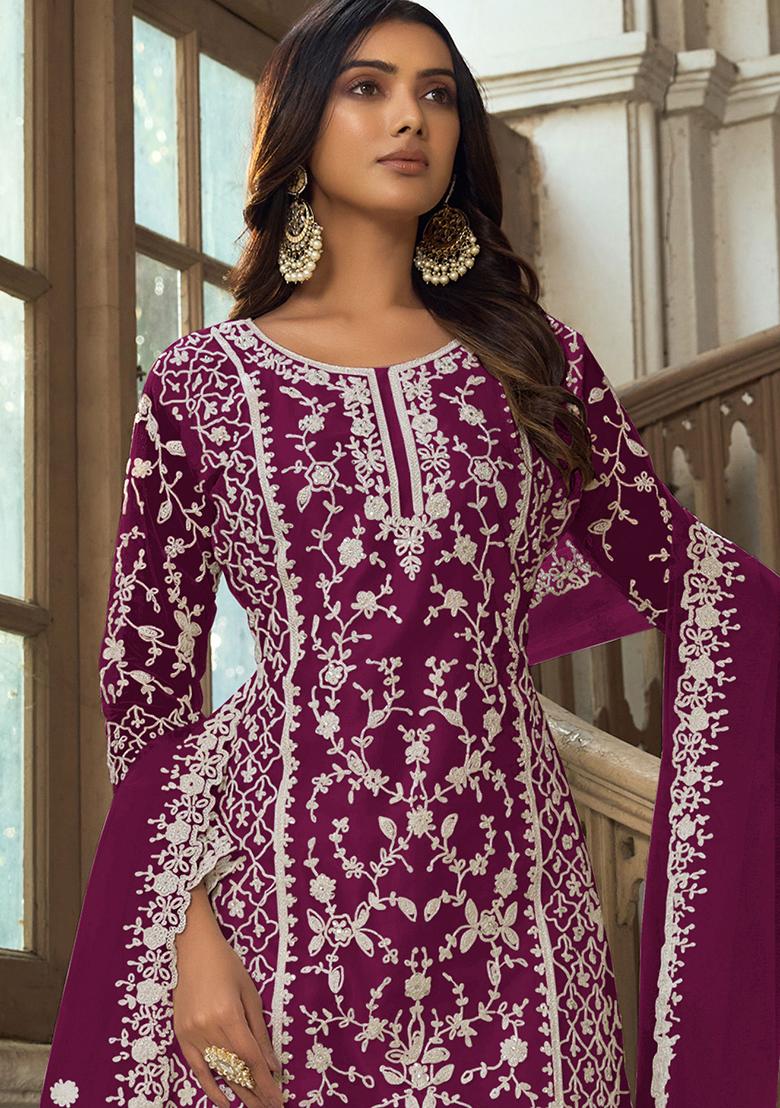 Purple Embroidered Net Salwar Kameez With Dupatta - Indya