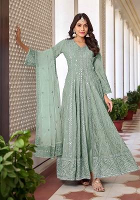 Dusty Green Embroidered Georgette Salwar Kameez With Dupatta