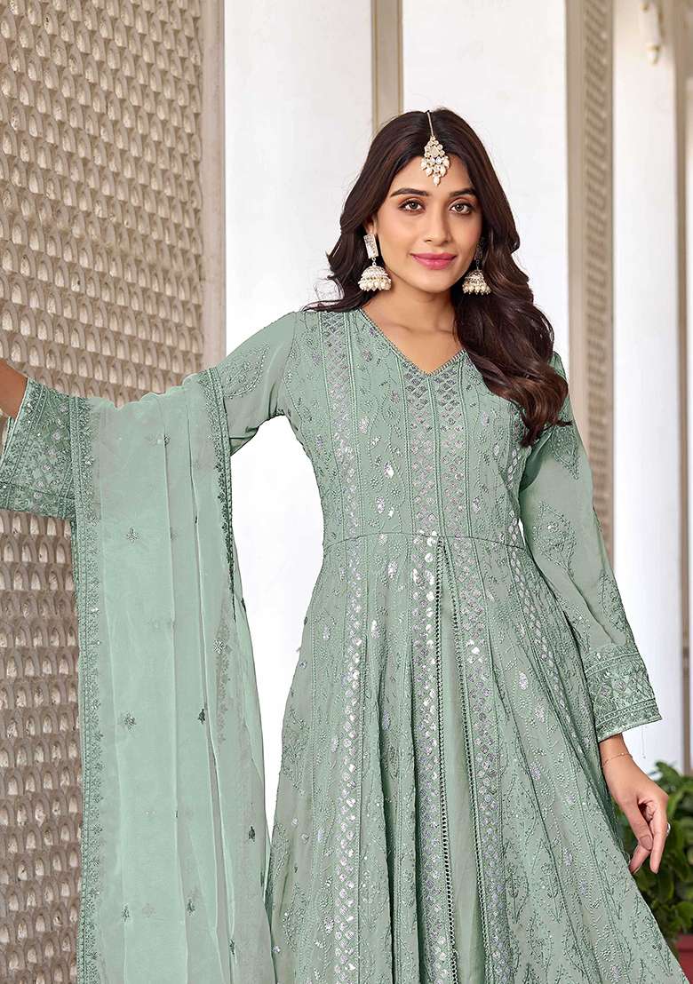 Dusty Green Embroidered Georgette Salwar Kameez With Dupatta - Indya