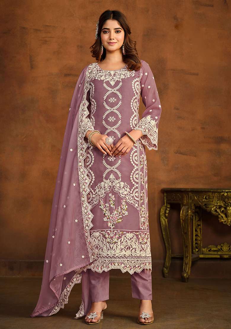 Lilac Embroidered Organza Salwar Kameez With Dupatta - Indya