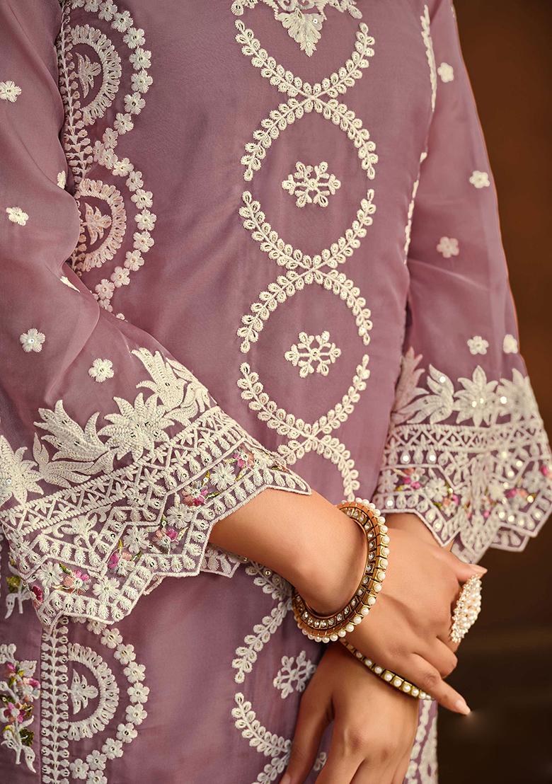 Lilac Embroidered Organza Salwar Kameez With Dupatta - Indya
