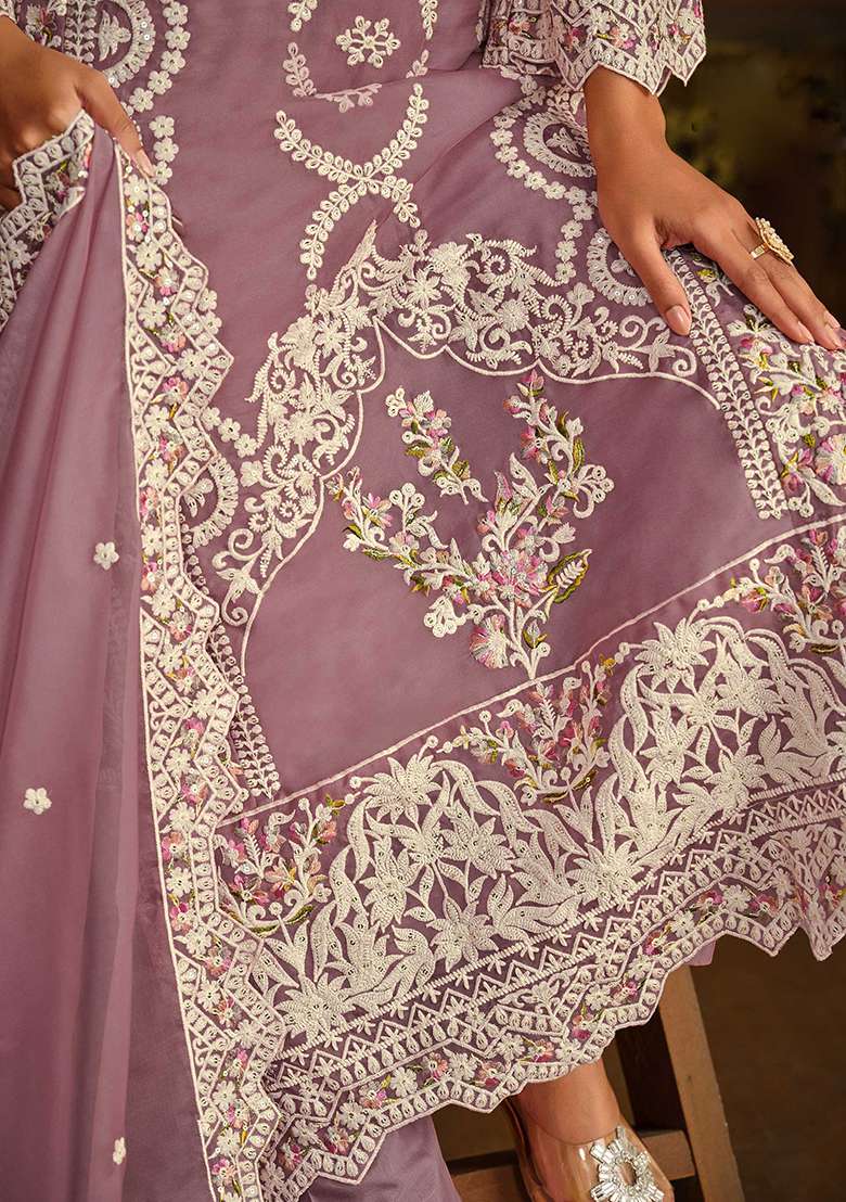 Lilac Embroidered Organza Salwar Kameez With Dupatta - Indya