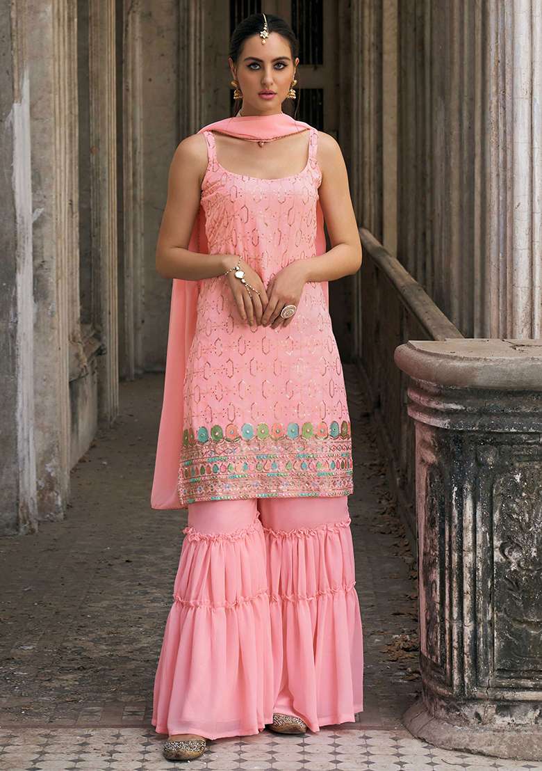 Pink Embroidered Georgette Salwar Kameez With Dupatta - Indya