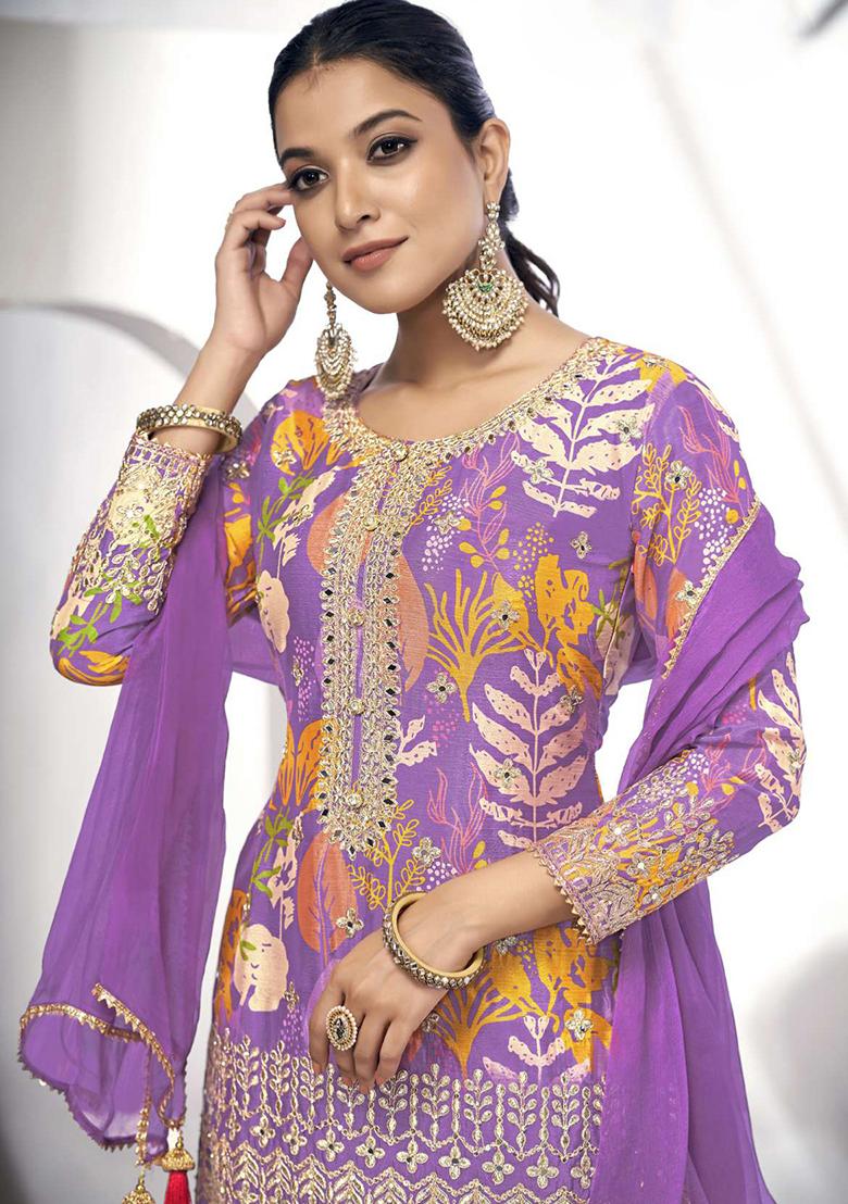 Purple Embroidered Chinon Salwar Kameez With Dupatta - Indya