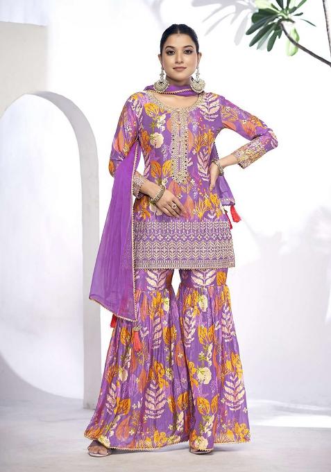 Purple Embroidered Chinon Sharara Set