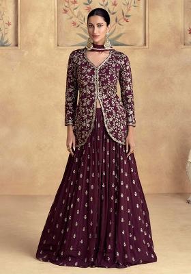 Wine Embroidered Chinon Salwar Kameez With Dupatta