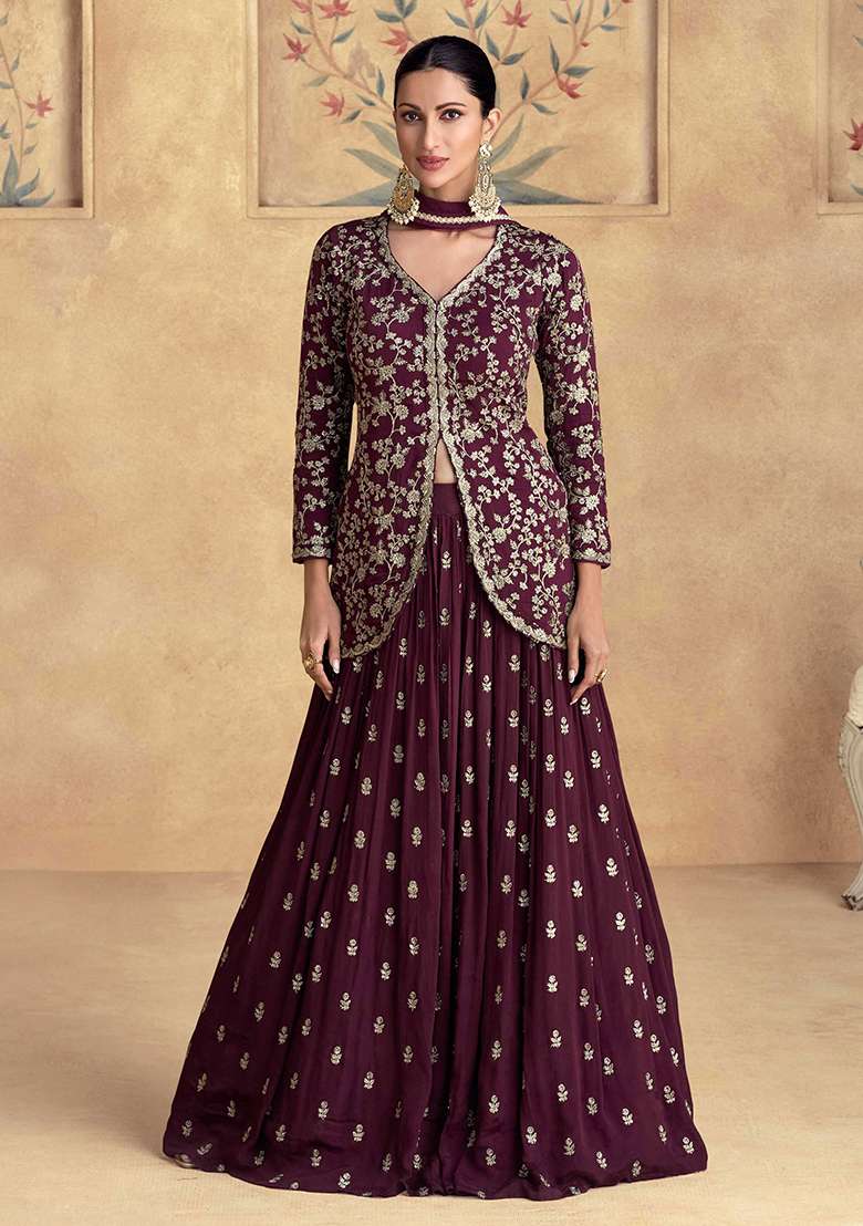 Wine Embroidered Chinon Salwar Kameez With Dupatta - Indya