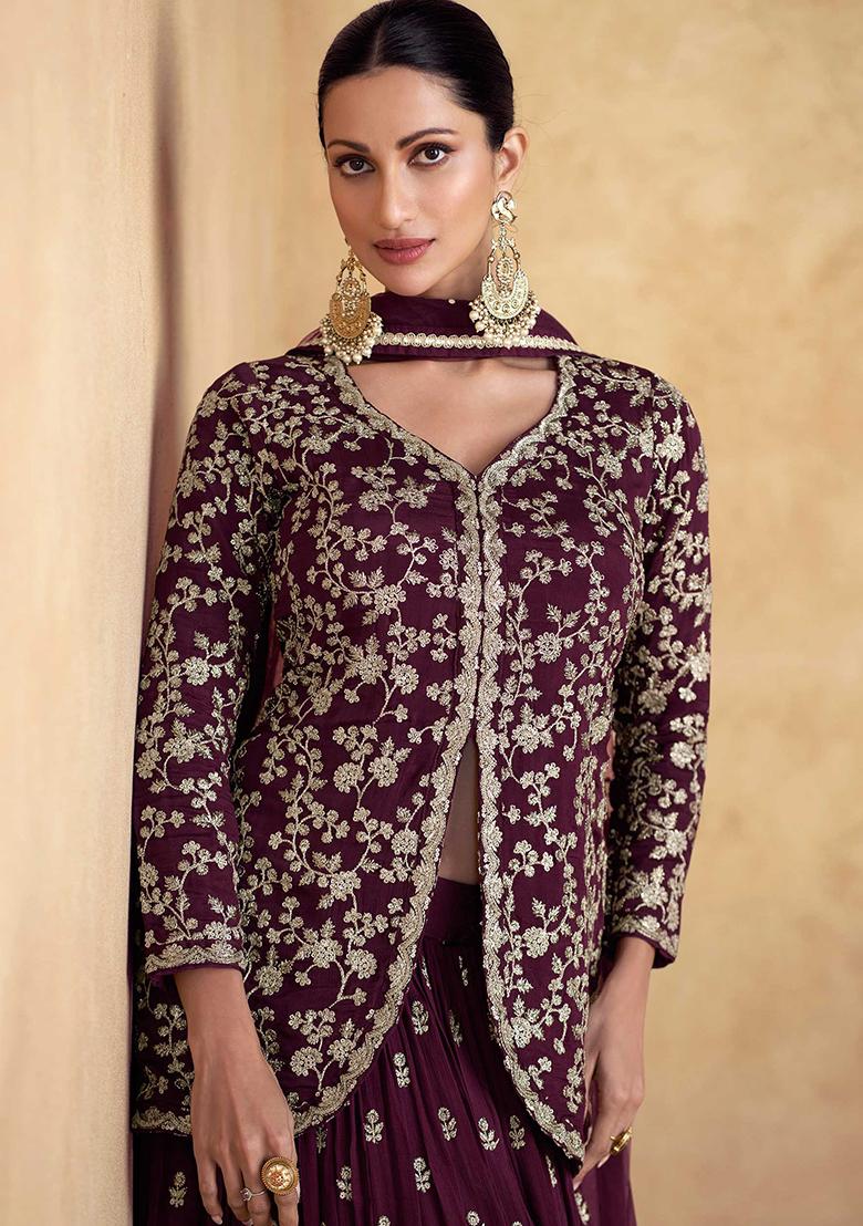 Wine Embroidered Chinon Salwar Kameez With Dupatta - Indya