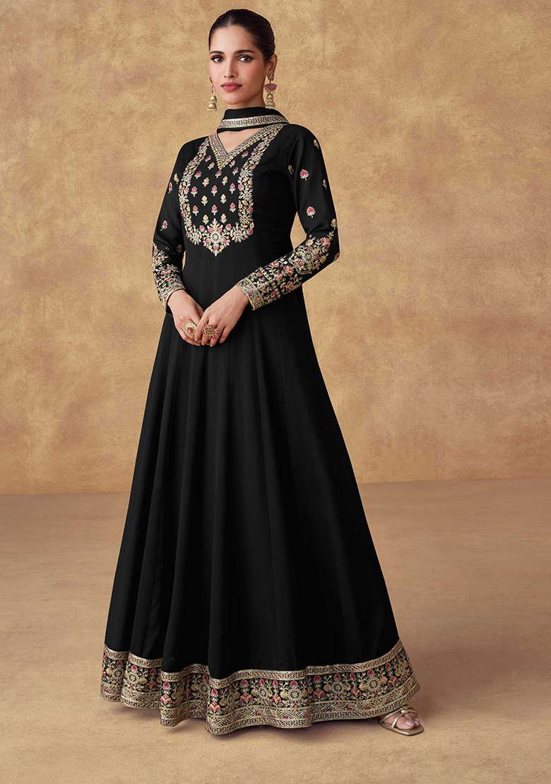 Black Embroidered Chinon Salwar Kameez With Dupatta - Indya