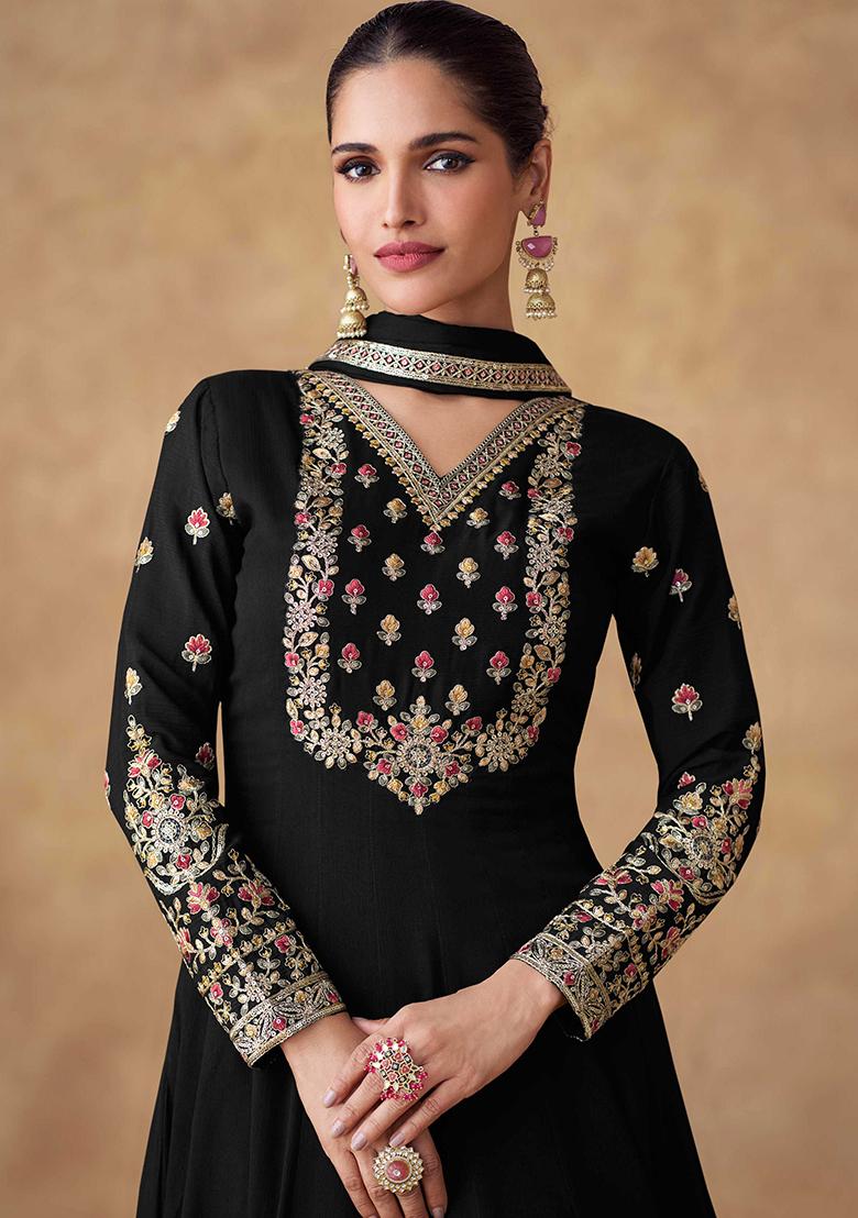 Black Embroidered Chinon Salwar Kameez With Dupatta - Indya
