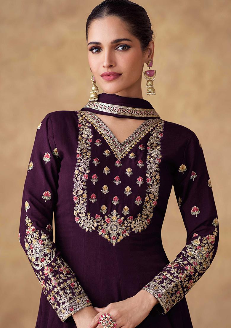 Purple Embroidered Chinon Salwar Kameez With Dupatta - Indya
