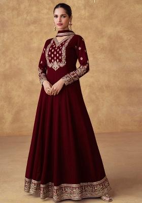 Maroon Embroidered Chinon Salwar Kameez With Dupatta