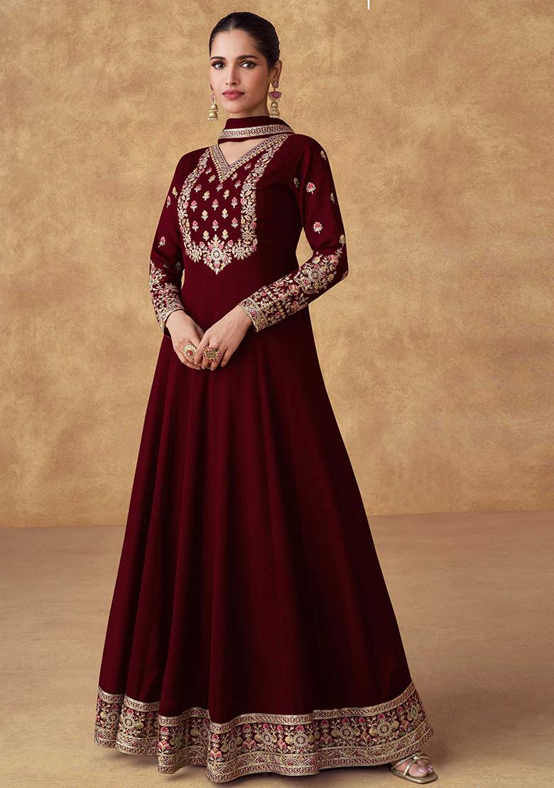 Maroon Embroidered Chinon Salwar Kameez With Dupatta - Indya