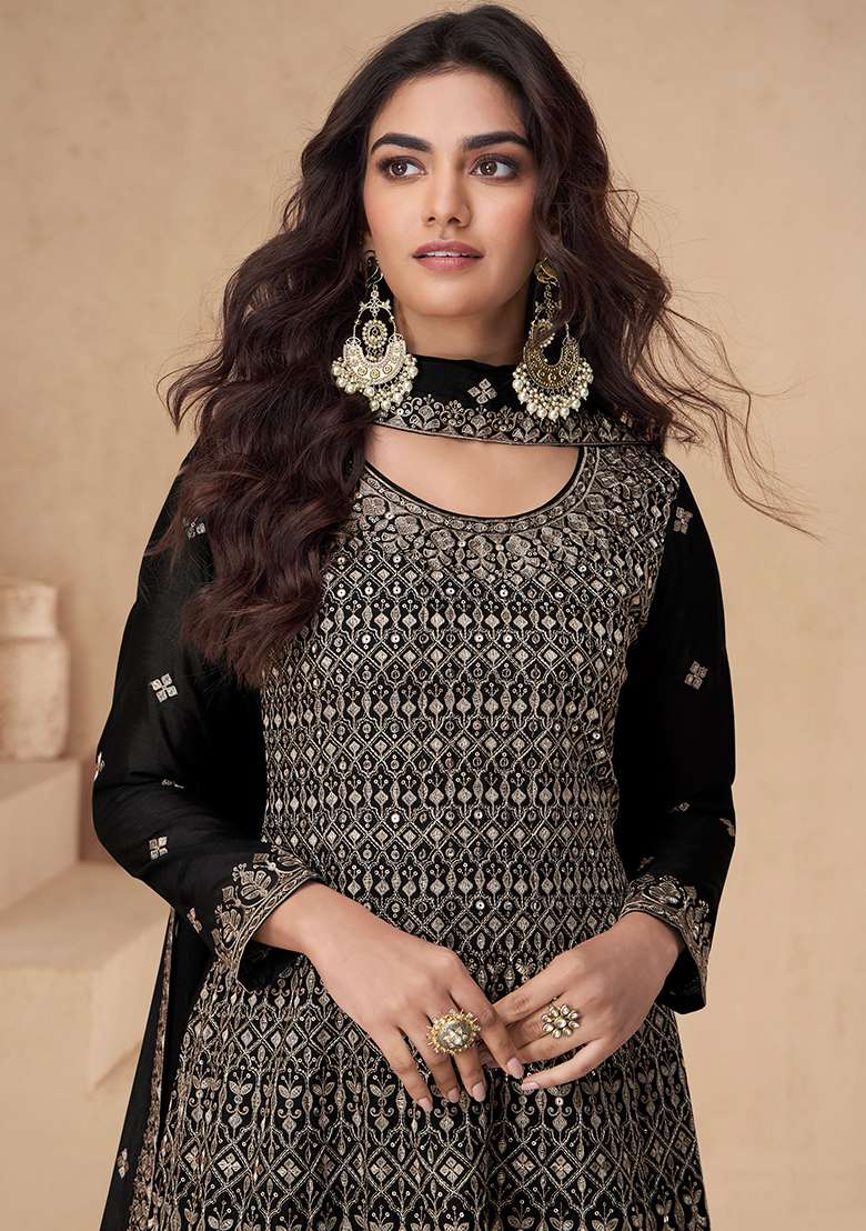 Black Embroidered Chinon Salwar Kameez With Dupatta - Indya