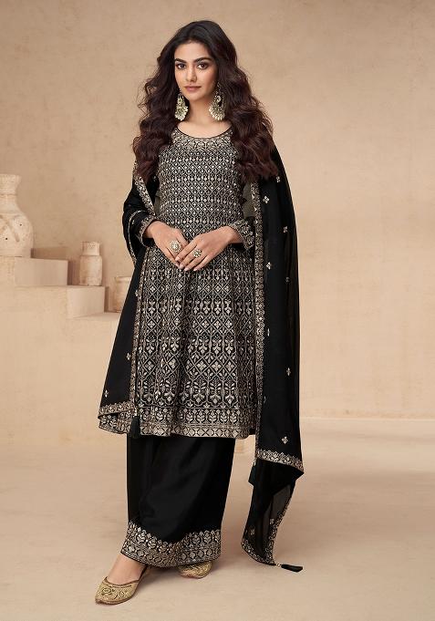 Black Embroidered Chinon Salwar Kameez With Dupatta