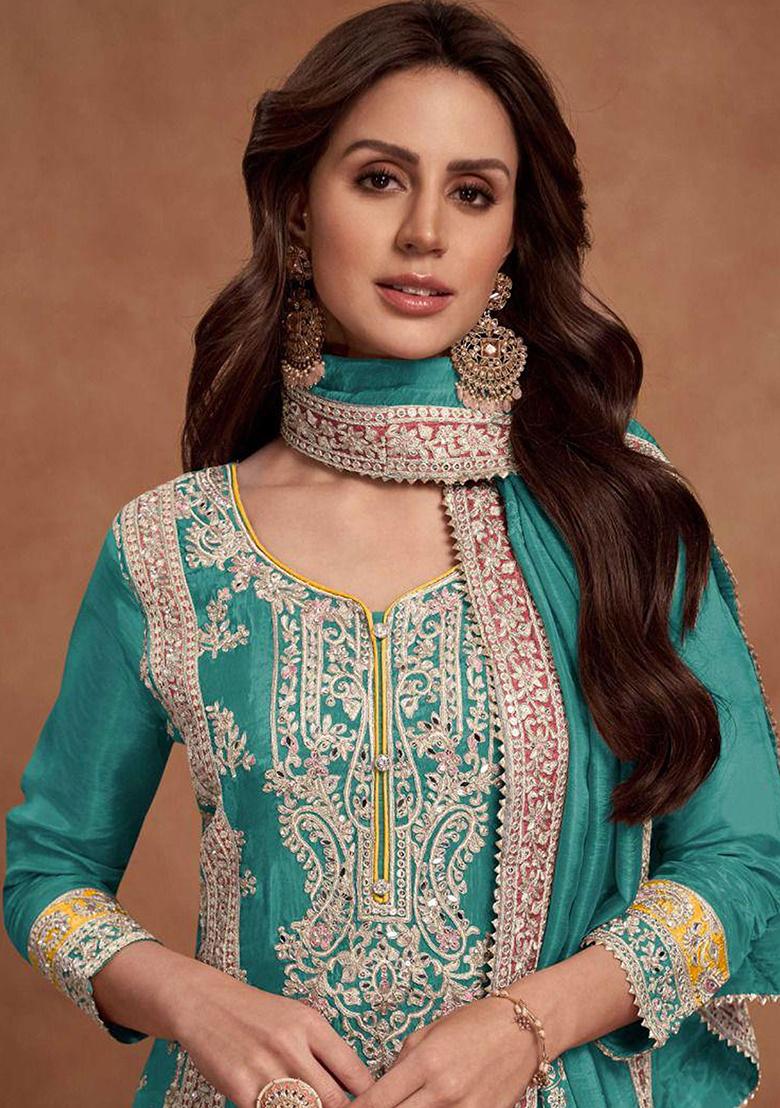 Turquoise Embroidered Silk Salwar Kameez With Dupatta - Indya