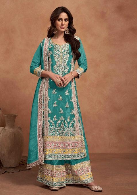 Turquoise Embroidered Silk Salwar Kameez With Dupatta