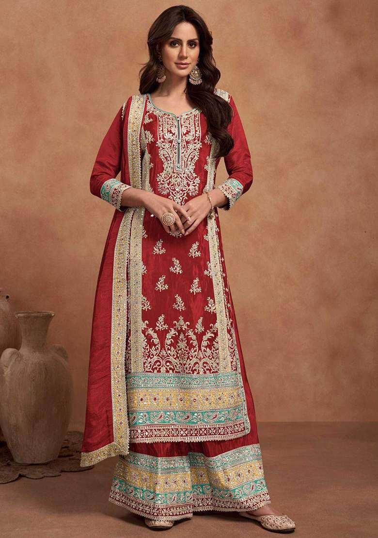 Maroon Embroidered Silk Sharara Set - Indya
