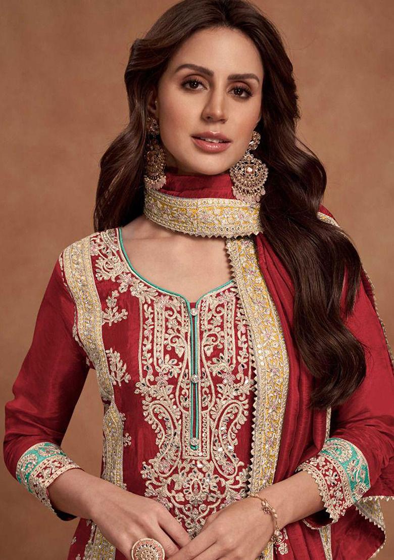 Maroon Embroidered Silk Salwar Kameez With Dupatta - Indya