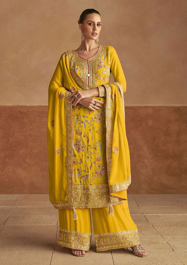 Yellow Embroidered Chinon Salwar Kameez With Dupatta - Indya
