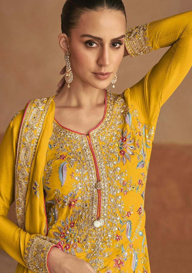 Yellow Embroidered Chinon Salwar Kameez With Dupatta - Indya