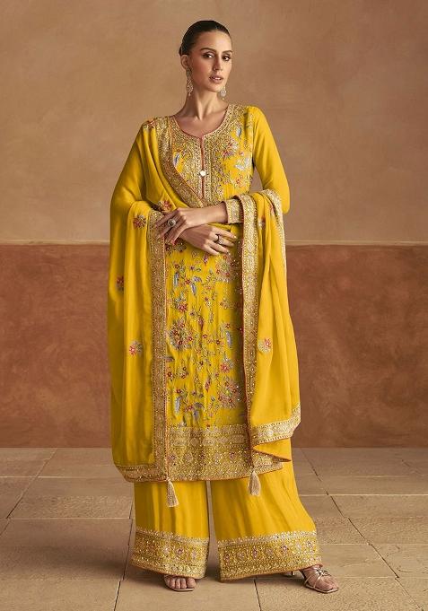 Yellow Embroidered Chinon Salwar Kameez With Dupatta